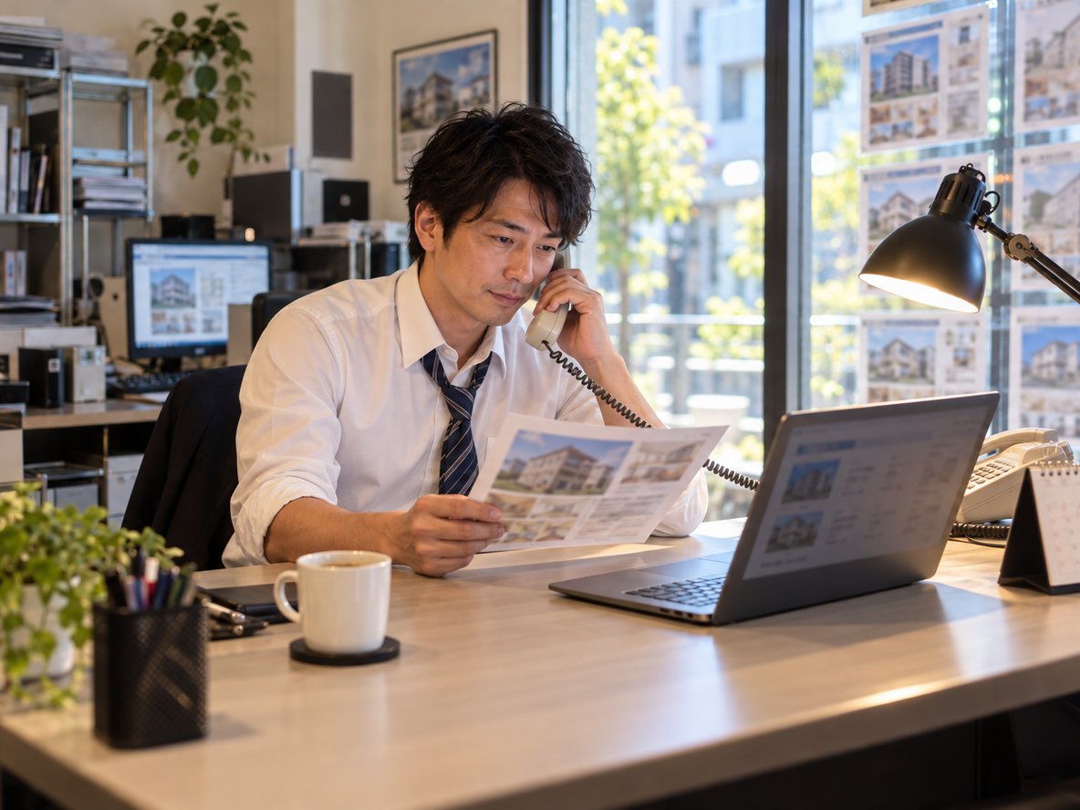 帯替え済みのマイソクを手にお客様へ電話する担当者(イメージ)