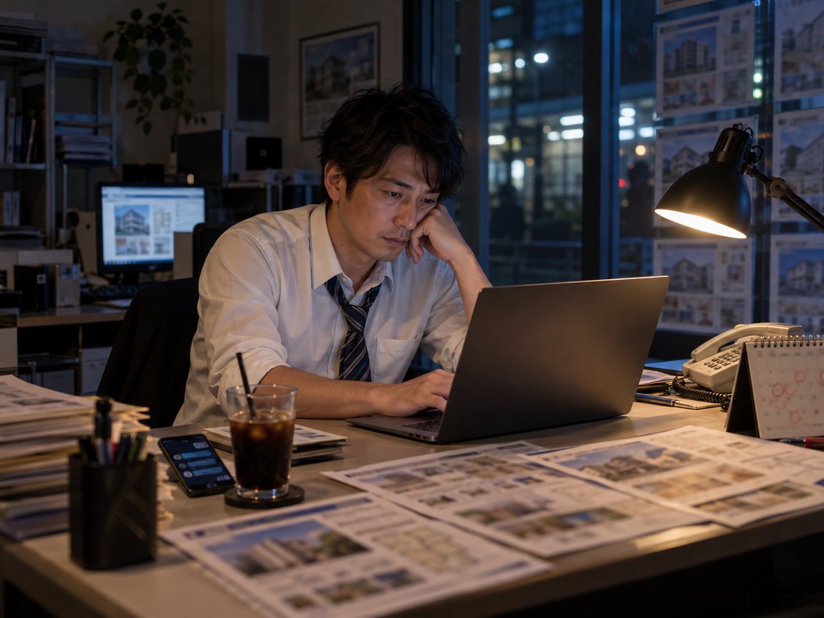 夜の事務所で帯替えのPDF編集に追われる担当者(イメージ)